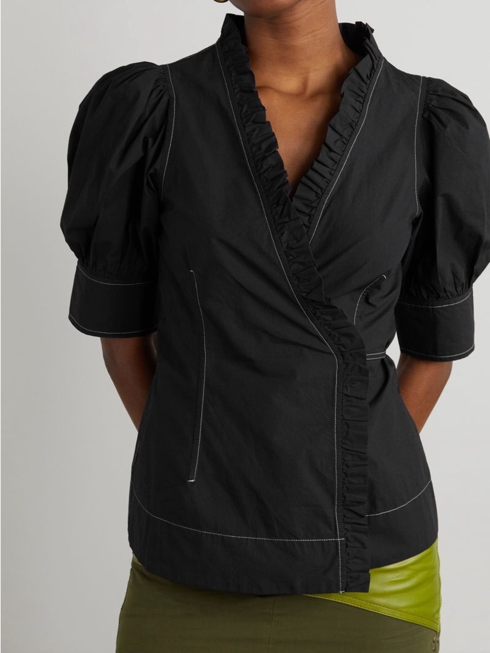 Ganni Ruffle Neck Poplin Wrap Top